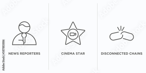 user interface outline icons set. thin line icons such as news reporters, cinema star, disconnected chains vector. linear icon sheet can be used web and mobile