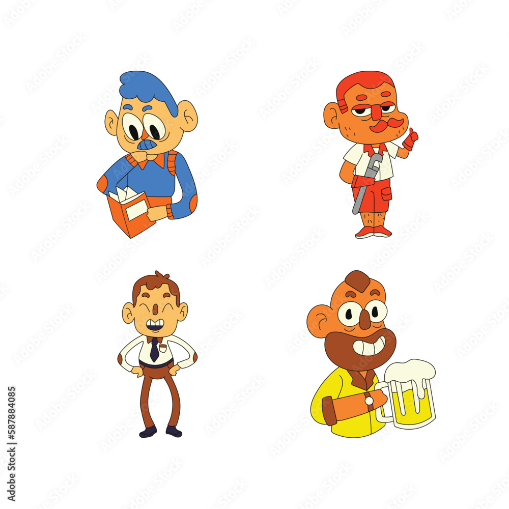 Set of funny cartoon men with beer and gift. Vector illustration.