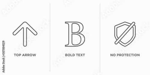 user interface outline icons set. thin line icons such as top arrow, bold text, no protection vector. linear icon sheet can be used web and mobile