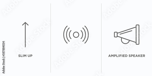 user interface outline icons set. thin line icons such as slim up, , amplified speaker vector. linear icon sheet can be used web and mobile