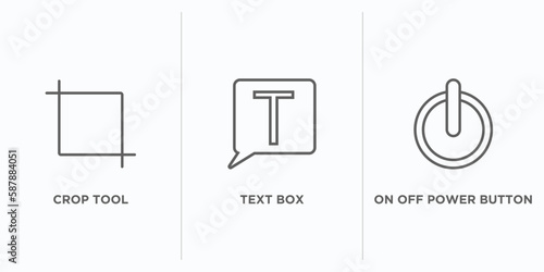 user interface outline icons set. thin line icons such as crop tool, text box, on off power button vector. linear icon sheet can be used web and mobile