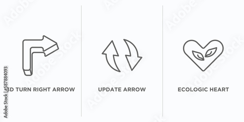 user interface outline icons set. thin line icons such as 3d turn right arrow, update arrow, ecologic heart vector. linear icon sheet can be used web and mobile