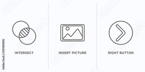 user interface outline icons set. thin line icons such as intersect, insert picture, right button vector. linear icon sheet can be used web and mobile