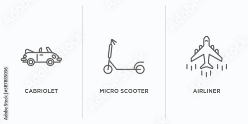 transportation outline icons set. thin line icons such as cabriolet, micro scooter, airliner vector. linear icon sheet can be used web and mobile