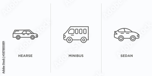 transportation outline icons set. thin line icons such as hearse, minibus, sedan vector. linear icon sheet can be used web and mobile