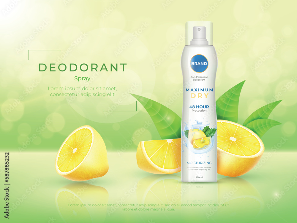 Fresh lemon fragrance. Deodorant ad poster. Green and yellow citrus