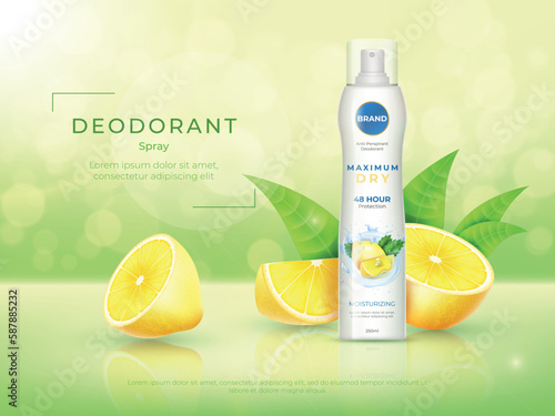 Fresh lemon fragrance. Deodorant ad poster. Green and yellow citrus fruit perfume. Cosmetic product for catalog. Spray bottle. Advertising banner design. Vector realistic background