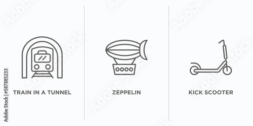 transportation outline icons set. thin line icons such as train in a tunnel, zeppelin, kick scooter vector. linear icon sheet can be used web and mobile