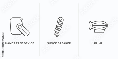 transport outline icons set. thin line icons such as hands free device, shock breaker, blimp vector. linear icon sheet can be used web and mobile
