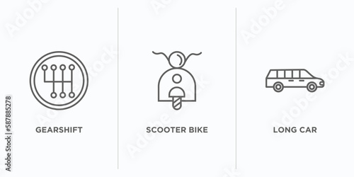 transport outline icons set. thin line icons such as gearshift, scooter bike, long car vector. linear icon sheet can be used web and mobile