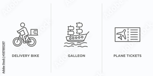 transport outline icons set. thin line icons such as delivery bike, galleon, plane tickets vector. linear icon sheet can be used web and mobile