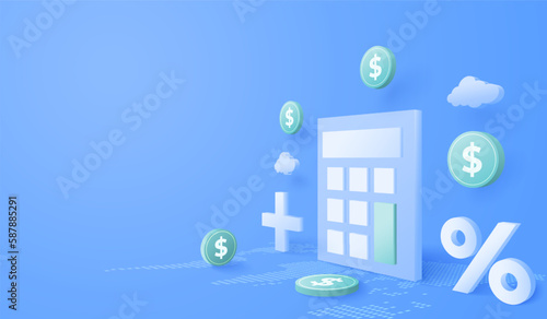 3d Calculator and dollar money. financial management concept. Tax calculating and accounting. vector art illustration.