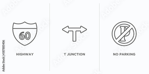 traffic signs outline icons set. thin line icons such as highway, t junction, no parking vector. linear icon sheet can be used web and mobile