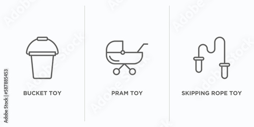 toys outline icons set. thin line icons such as bucket toy, pram toy, skipping rope toy vector. linear icon sheet can be used web and mobile