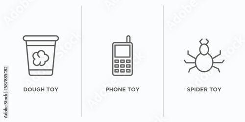 toys outline icons set. thin line icons such as dough toy, phone toy, spider toy vector. linear icon sheet can be used web and mobile