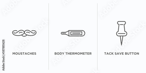 tools and utensils outline icons set. thin line icons such as moustaches, body thermometer, tack save button vector. linear icon sheet can be used web and mobile