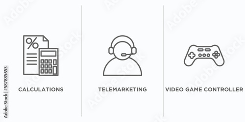 technology outline icons set. thin line icons such as calculations, telemarketing, video game controller vector. linear icon sheet can be used web and mobile