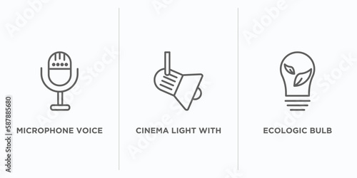 technology outline icons set. thin line icons such as microphone voice, cinema light with cable, ecologic bulb vector. linear icon sheet can be used web and mobile