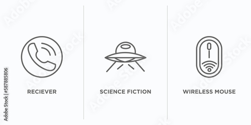 technology outline icons set. thin line icons such as reciever, science fiction, wireless mouse vector. linear icon sheet can be used web and mobile