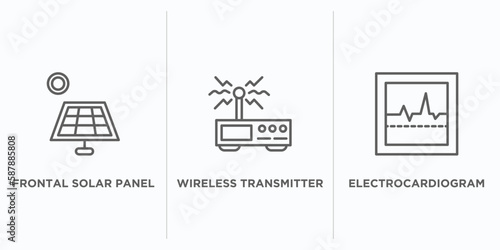 technology outline icons set. thin line icons such as frontal solar panel, wireless transmitter, electrocardiogram line vector. linear icon sheet can be used web and mobile