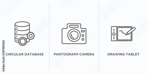 technology outline icons set. thin line icons such as circular database, photograph camera, drawing tablet vector. linear icon sheet can be used web and mobile
