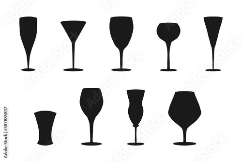 Set of hand drawn silhouettes of various liquor glasses. Isolated on white background.
