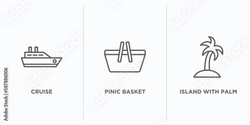 summer outline icons set. thin line icons such as cruise, pinic basket, island with palm trees vector. linear icon sheet can be used web and mobile