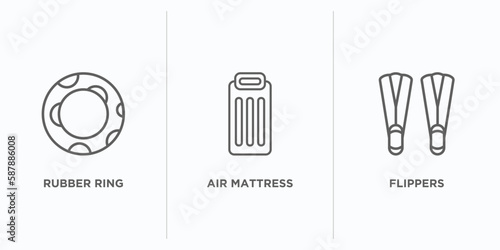 summer outline icons set. thin line icons such as rubber ring, air mattress, flippers vector. linear icon sheet can be used web and mobile