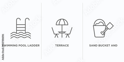 summer outline icons set. thin line icons such as swimming pool ladder, terrace, sand bucket and shovel vector. linear icon sheet can be used web and mobile