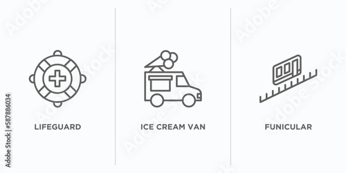 summer outline icons set. thin line icons such as lifeguard, ice cream van, funicular vector. linear icon sheet can be used web and mobile
