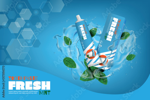 Dental protection. Toothpaste ad banner. Green mint leaves and water splashes. Toothbrush package. 3D tooth ointment. Tube product for smile care and health. Vector advertising poster