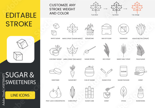 Types of sugar and sweetener, line icon set in vector, white sugar and sugarcane, bag of flour and sugarless, honey and palm, coconut and rice syrup, fruit juice concentrates. Editable stroke