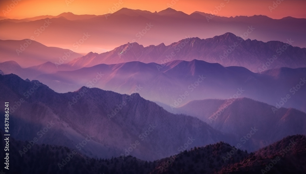 Sunset silhouette: mountain peak, majestic landscape beauty generated by AI