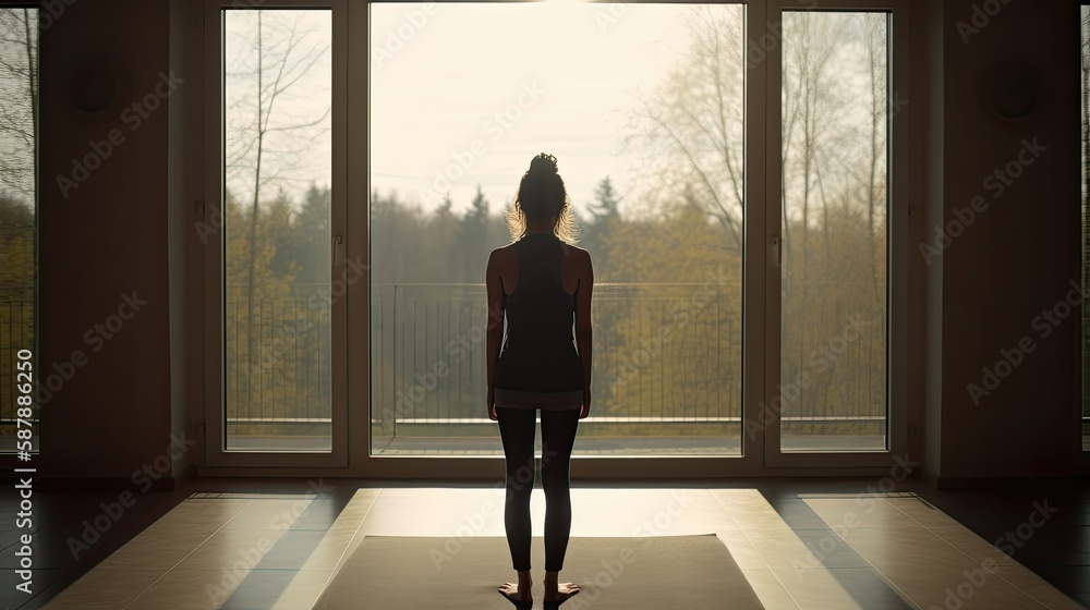 Fototapeta premium Young girl doing yoga indoors. Generative AI