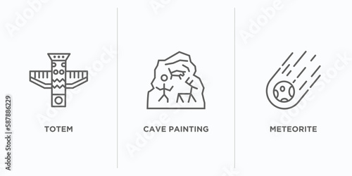 stone age outline icons set. thin line icons such as totem, cave painting, meteorite vector. linear icon sheet can be used web and mobile