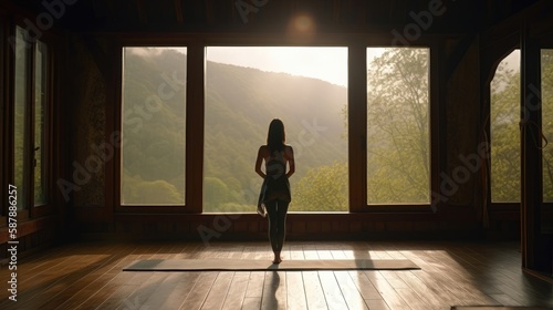 Young girl doing yoga indoors. Generative AI