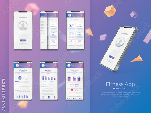 Fitness app. UX UI design. Fit training for android. Mobile digital sport application. Health chart. Weight and calories data. Vector realistic smartphone workout menu interfaces set