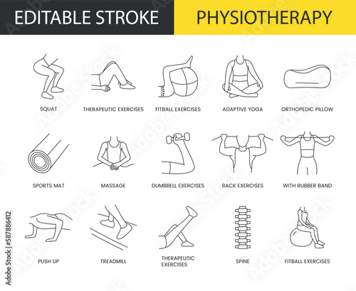 Physiotherapy line icon set in vector, squat and therapeutic exercises, adaptive yoga and fitball, orthopedic pillow. Editable stroke, you can change the width and color of the stroke.
