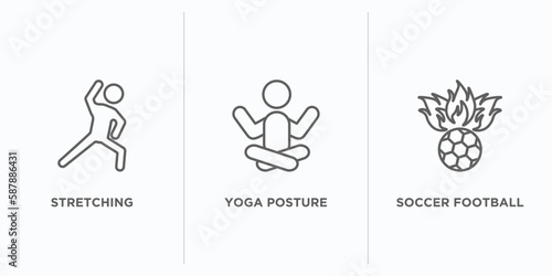 sports outline icons set. thin line icons such as stretching, yoga posture, soccer football ball vector. linear icon sheet can be used web and mobile