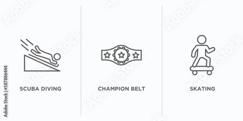 sports outline icons set. thin line icons such as scuba diving, champion belt, skating vector. linear icon sheet can be used web and mobile