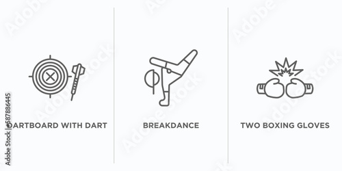 sports outline icons set. thin line icons such as dartboard with dart, breakdance, two boxing gloves vector. linear icon sheet can be used web and mobile