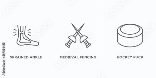 sports outline icons set. thin line icons such as sprained ankle, medieval fencing, hockey puck vector. linear icon sheet can be used web and mobile