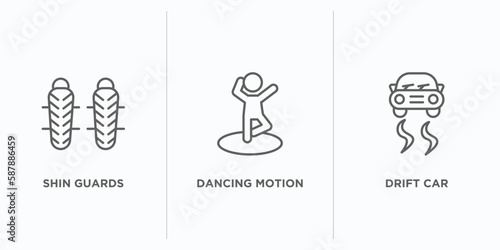 sports outline icons set. thin line icons such as shin guards, dancing motion, drift car vector. linear icon sheet can be used web and mobile