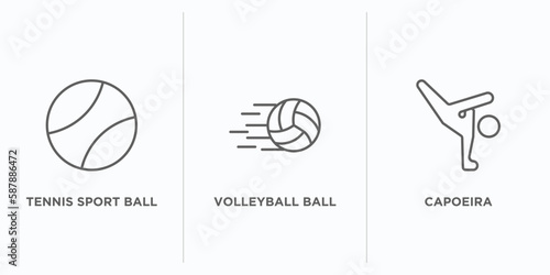 sports outline icons set. thin line icons such as tennis sport ball, volleyball ball, capoeira vector. linear icon sheet can be used web and mobile