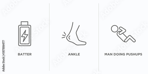 sports outline icons set. thin line icons such as batter, ankle, man doing pushups vector. linear icon sheet can be used web and mobile