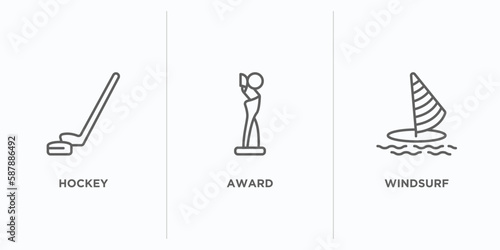 sport outline icons set. thin line icons such as hockey, award, windsurf vector. linear icon sheet can be used web and mobile