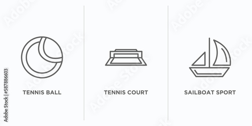 sport outline icons set. thin line icons such as tennis ball, tennis court, sailboat sport vector. linear icon sheet can be used web and mobile