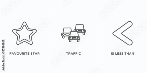 signs outline icons set. thin line icons such as favourite star, traffic, is less than vector. linear icon sheet can be used web and mobile