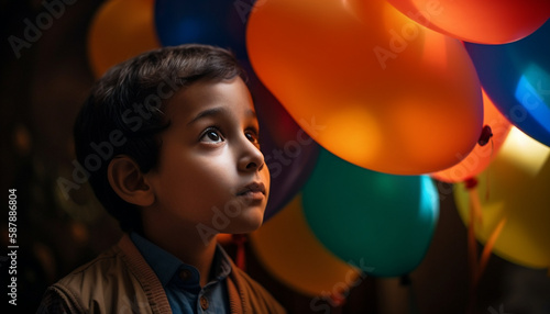 Smiling boys hold balloons in colorful portrait generated by AI © Jeronimo Ramos