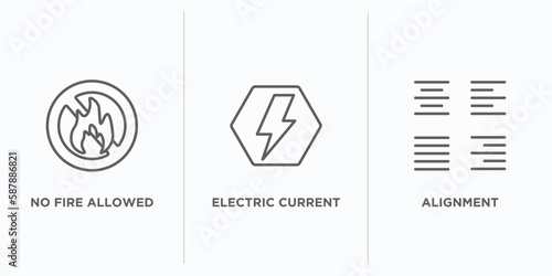signs outline icons set. thin line icons such as no fire allowed, electric current, alignment vector. linear icon sheet can be used web and mobile